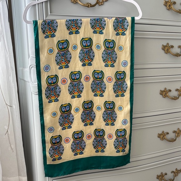 Vintage Echo Silk Scarf Owls Owl Design Pale Gold Emerald Green Colorful Whimsy - Picture 4 of 15